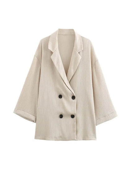 2024 Autumn Women Casual Blazer Coat Pants Set Long Sleeve Double Breasted Blazer + Wide Leg Trousers Lady Office Outfit.