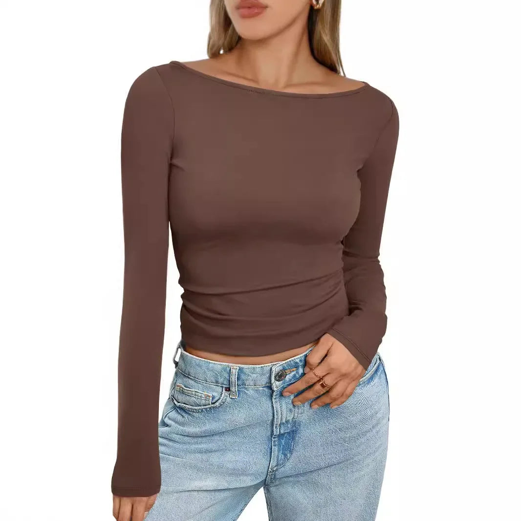 Summer Spring Slim-fitting Women's Clothing New One-neck Long-sleeved T-shirt Blouse Top Skinny Solid Color Tee.