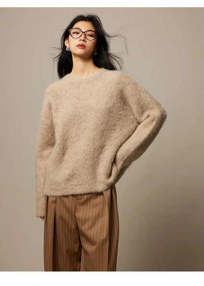 SuyaDream Warm Alpaca Pullovers for Woman, Dropped Sleeved Loose Sweaters, 2025 Fall Winter Top, Camel, Beige