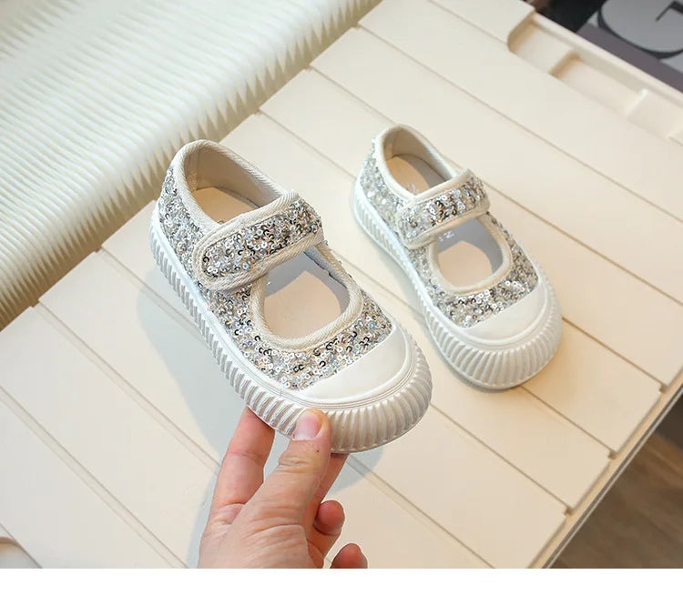 New Girl Princess Canvas Shoes Fashion Luxury Sequins Children Causal Shoes Breathable Kids Glitter Mary Jane Shoes Thick Bottom.