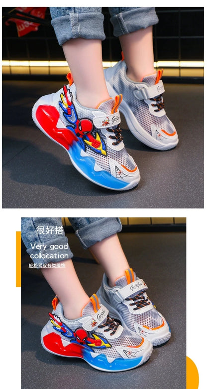 Disney Children's Shoes Fashion Cartoon Spiderman Sneakers for Boys Breathable Sport Shoes Anti-slip Toddler Shoes Student Shoes.