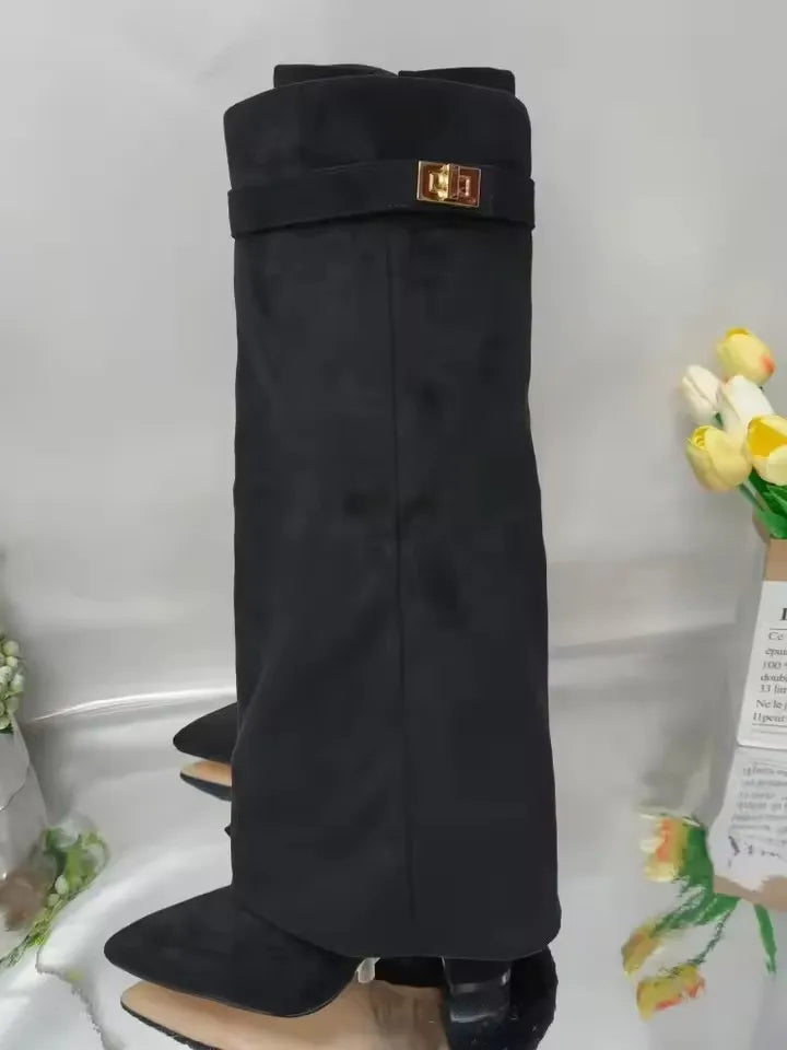 2025 Autumn And Winter Women's Pointed Toe Crude Heel Knee High Boots Female Metal Decor Pants Boots High Quality Woman Shoes.