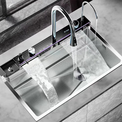 Silver Waterfalls Stainless Steel Kitchen Sink Multifunction Intelligent Digital Display Temperature Household Large Single Slot