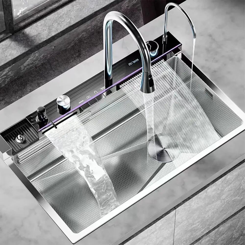 Stainless Steel Silver Kitchen Sink Multifunction Waterfalls Intelligent Digital Display Faucet Household Large Single Slot