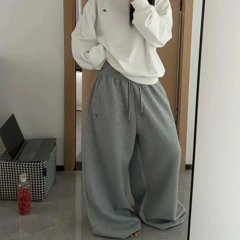 Oversize Cotton Pants Woman Y2K Casual Drawstring Trousers Korean Streetwear High Waist All Match Jogger Pants Grey Sweatpants