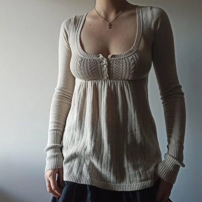 2000er Jahre Vintage Langarm Babydoll Strickpullover Tops Cottage Milkmaid Pullover Ästhetische Grunge Y2k Strickwaren T-Shirts Damen