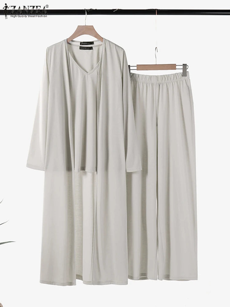 Women Autumn Tracksuits 3pcs Pant Sets ZANZEA Fashion Casual 3-Pieces Sets Solid Tank Tops and Cardigans Wide Leg Trousers Suit.