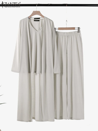 Women Autumn Tracksuits 3pcs Pant Sets ZANZEA Fashion Casual 3-Pieces Sets Solid Tank Tops and Cardigans Wide Leg Trousers Suit.