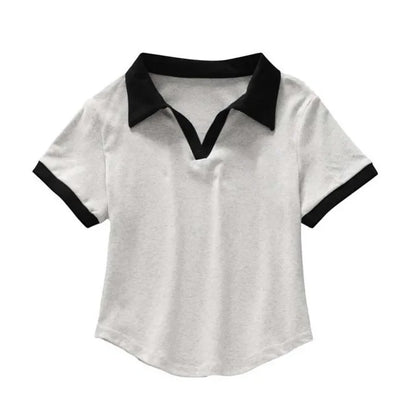 Summer Short Sleeve V-Neck Polo Shirt Women's Short Style Cotton Lycra Ribbed Top Bright Color Block 220g 40 Denier.