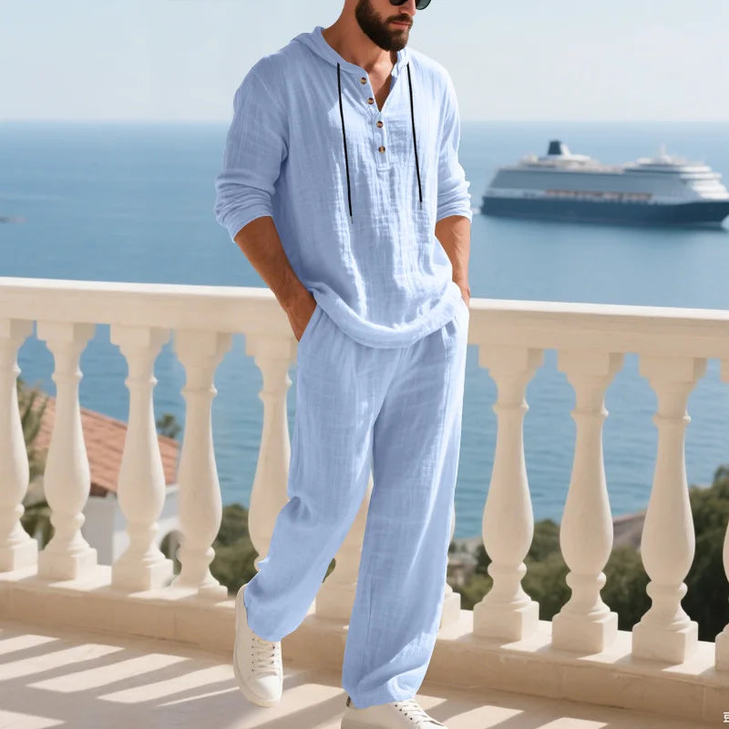 Cross-border Autumn Linen Men's Casual Suit Loose Hooded Henley Shirt Long Sleeve Pants Suit
