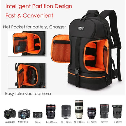 JINNUOLANG Professional Digital SLR Camera Backpack Large Photography Bag Tripod Holder Waterproof Rain Cover Outdoor Hiking.