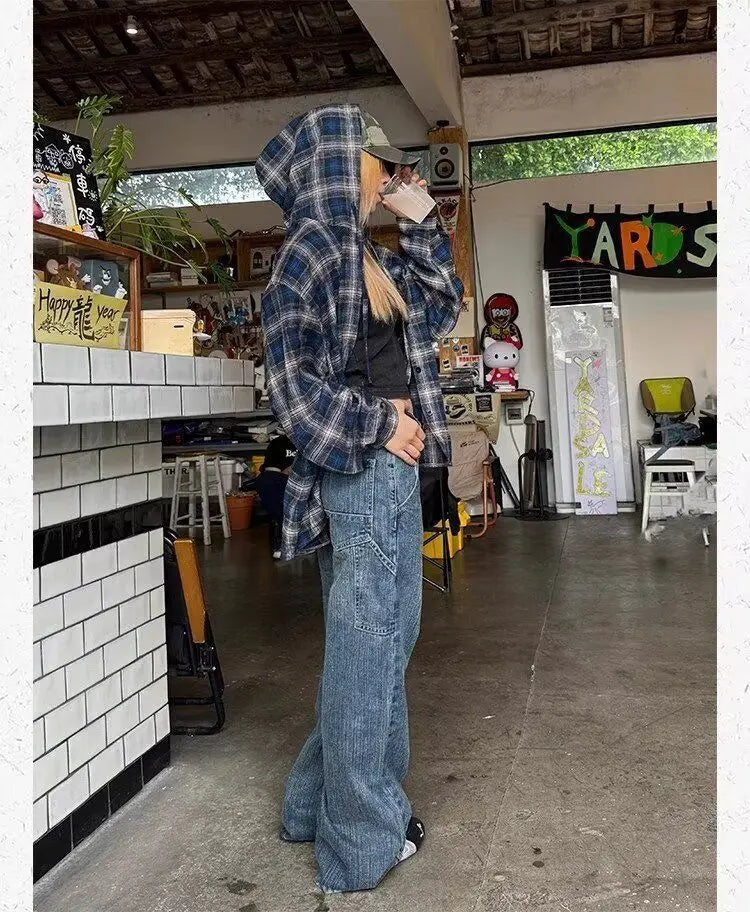 HOUZHOU Vintage Plaid Shirts Women Harajuku Long Sleeve American Style Drawstring Hooded Blouses Loose Casual Streetwear Spring.