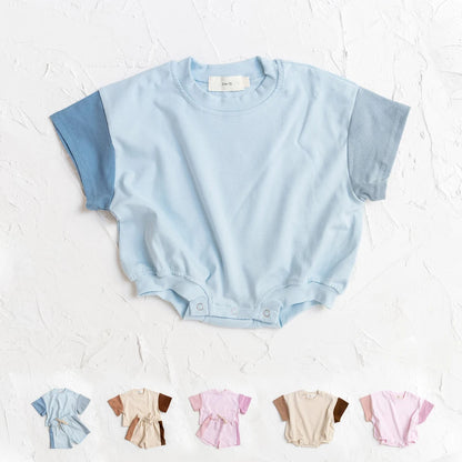 2023 sommer Neugeborenen Baby Jungen Mädchen Übergroßen Strampler Kleidung 0-24M Patchwork Farbe Baumwolle Kurzarm Body Grundlegende overalls