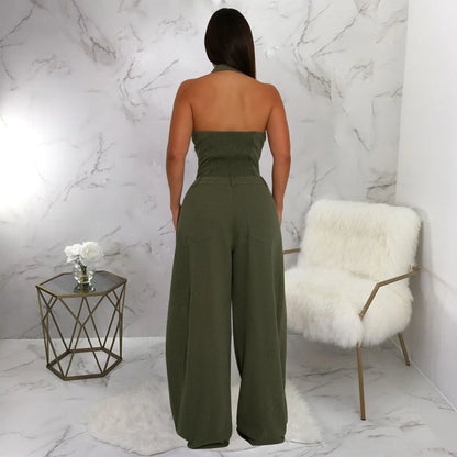 Fashionable Backless Casual Romper with Pockets for Women Summer Breathable Lightweight Solid Color One-Piece Suit.
