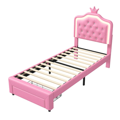 Rosahqnda Kinderbett, gepolsterter Bettrahmen, Krone, Kopfteil, Schubladenschrank, verstellbare Kopfteil-Lederoberfläche
