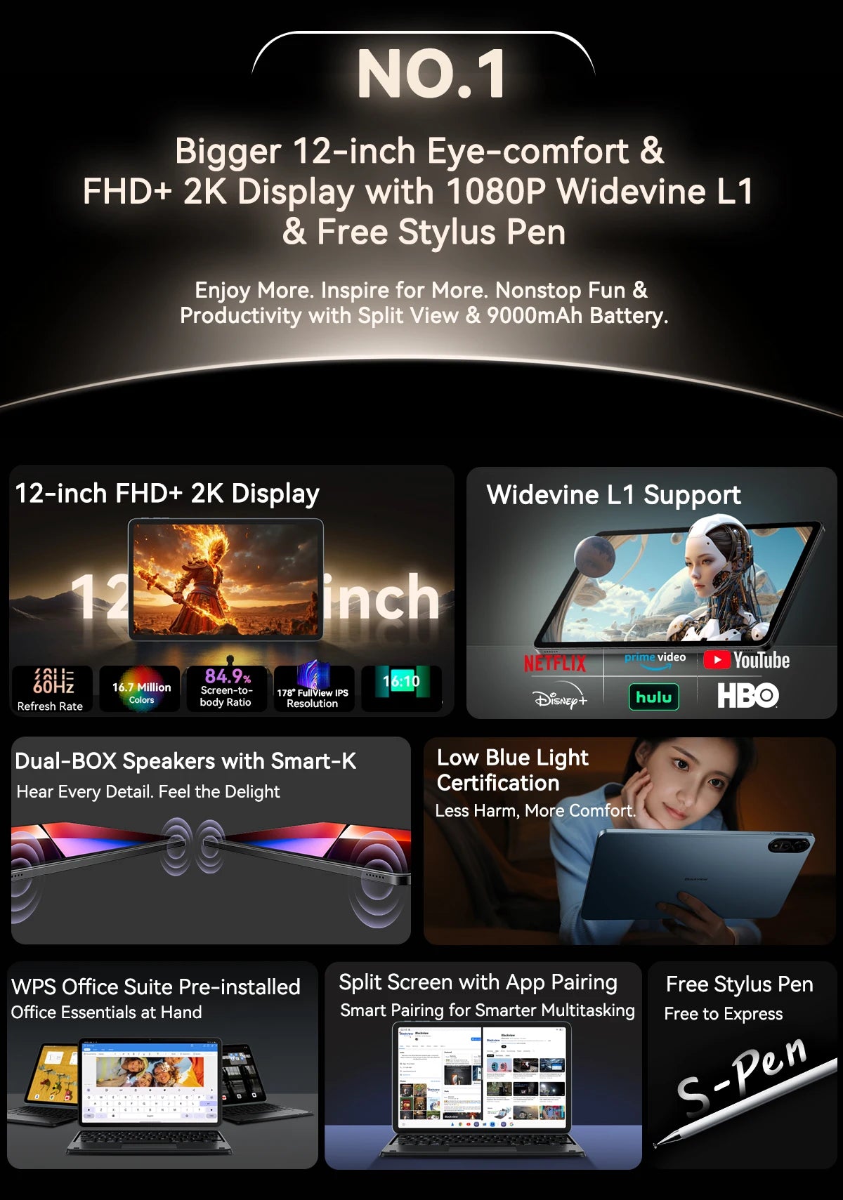 Blackview MEGA 2 Android 15 Tablet 12 inch 2K Display 36(12+24)GB 256GB Unisoc T615 9000mAh Battery Widevine L1 Pad PC.