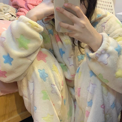 Y2k Star Printed Pajama Sets Women Winter Coral Velvet Soft Warm Loose Gentle Girlish Kawaii Student Dormitory Sleepwear Comfort.