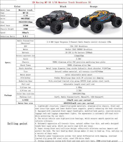 ZD Racing MT-16 1/16 RC Monster Truck Brushless 3S 80km/h 2.4G 4WD RC Car Brushless Truck Remote Control Off Road Car Toys.