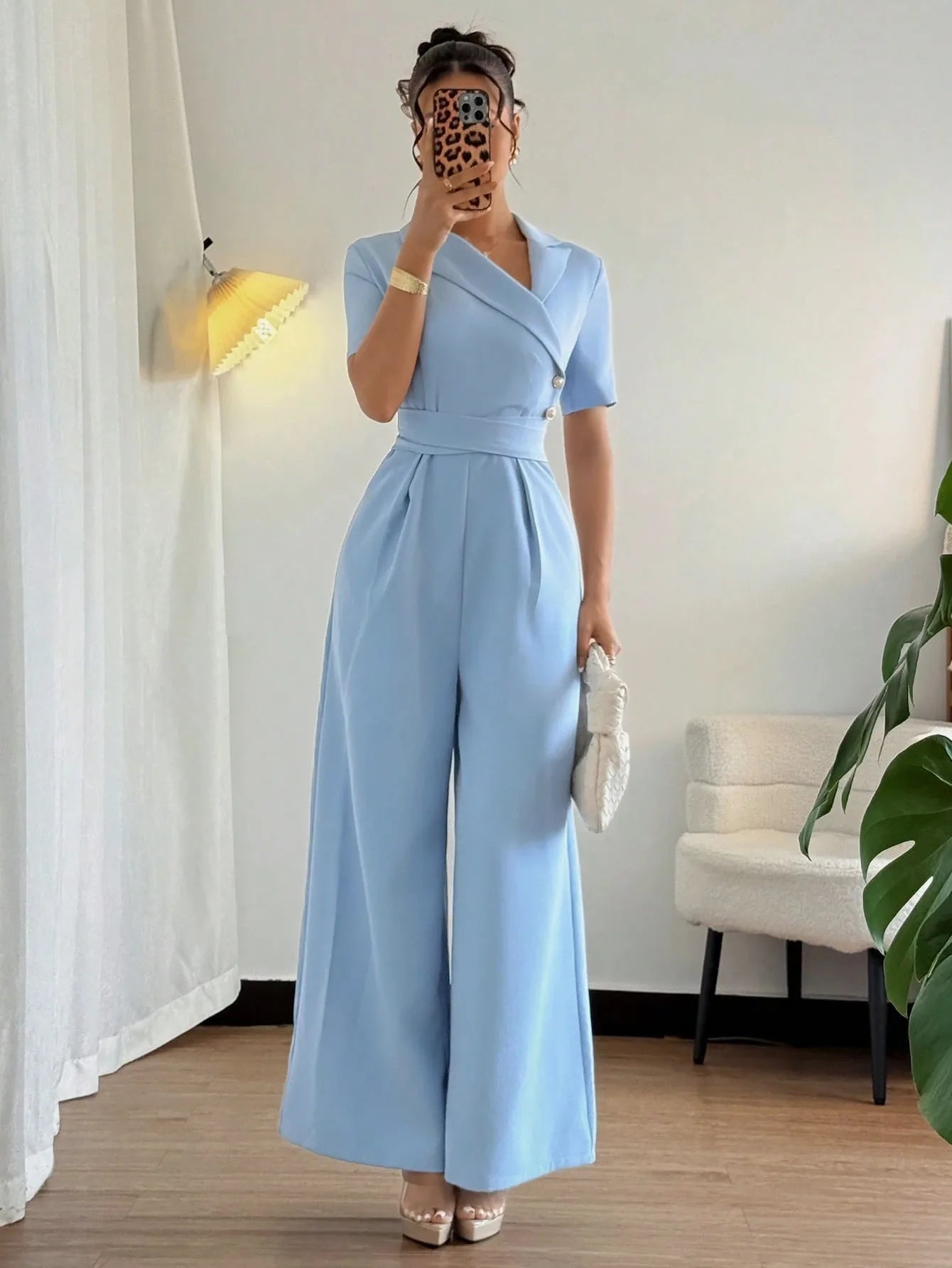 Elegant Blue Wrap Waist Belted Slim Fit Jumpsuit for Women Spring Summer Commute Style Polyester Fabric Three Quarter Sleeve.