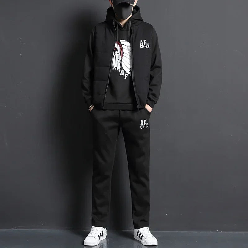 3 Pieces Set Hoodies+Vest+Pants Casual Men's Track Suit Clothing Coats Winter Thick Warm Tracksuit for Men Printed Mens Set Vest.
