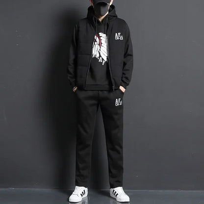 3 Pieces Set Hoodies+Vest+Pants Casual Men's Track Suit Clothing Coats Winter Thick Warm Tracksuit for Men Printed Mens Set Vest.