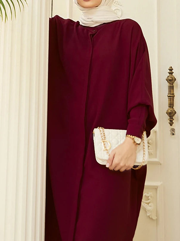 kebaya Ramadan Solid Batwing Sleeve Kaftan Abaya, Elegant Loose Split Maxi Length Dress, Women's Clothing.