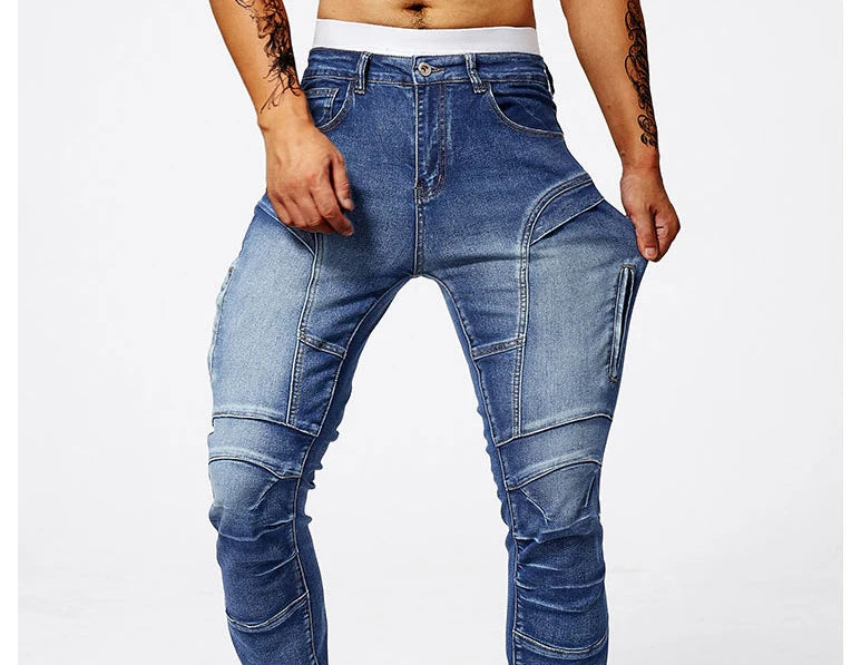 Two tone distressed patchwork jeans for men trendy jeans for summer thin straight leg pants slim fit small leg distressed jeans.