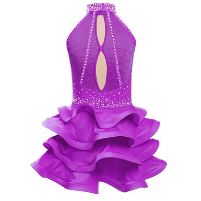 Eiskunstlauf-Kostüm für Teenager-Mädchen, lateinamerikanischer Tanz, Cha-Cha, Tango, Performance-Tanzbekleidung, ärmelloses, gestuftes Kleid mit Strasssteinen