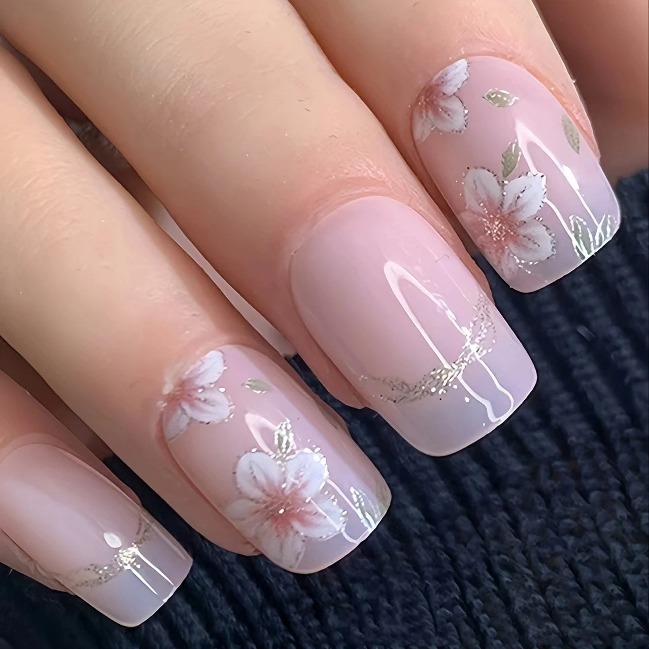 Mid-length Coffin Fake Nails 24Pcs White French Tip Ballerina Press On Nail Pink/White Flower Printed Spring/Summer DIY Manicure