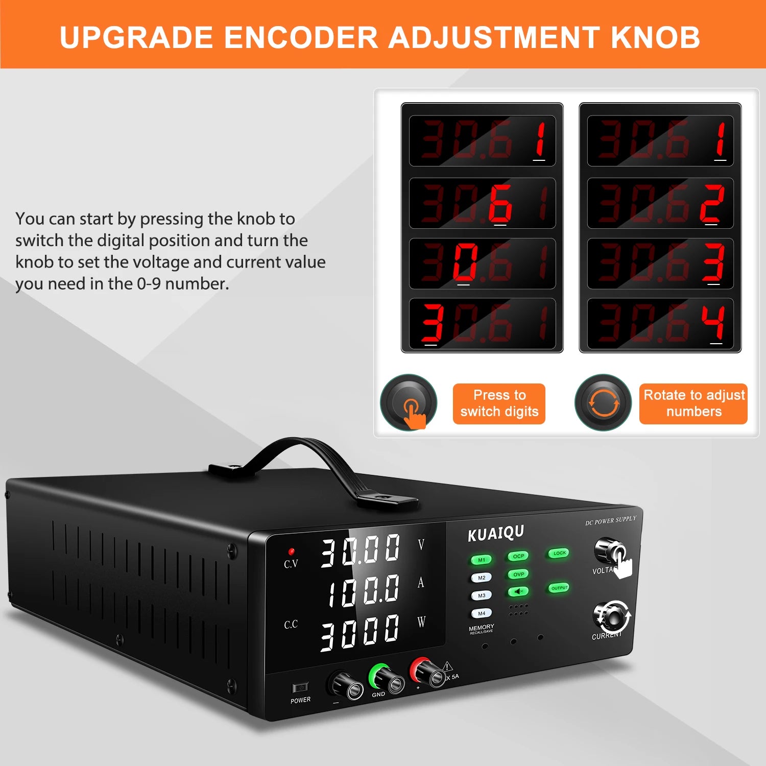 KUAIQU 3000W High Power Adjustable Bench Power Supply 1000V 300V 200V 100A 60A 30A Lab Power Supply OCP Alarm OVP Output Switch.