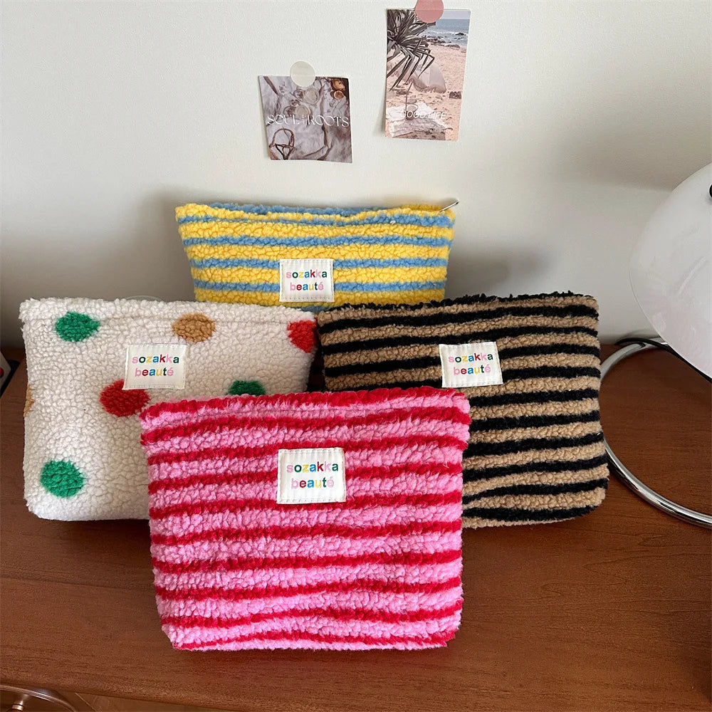 New Colorful Striped Dot Plush Clutch Cosmetic Bag Large Capacity Makeup Pouch Toiletries Bag Travel Outdoor Makeup Storage.