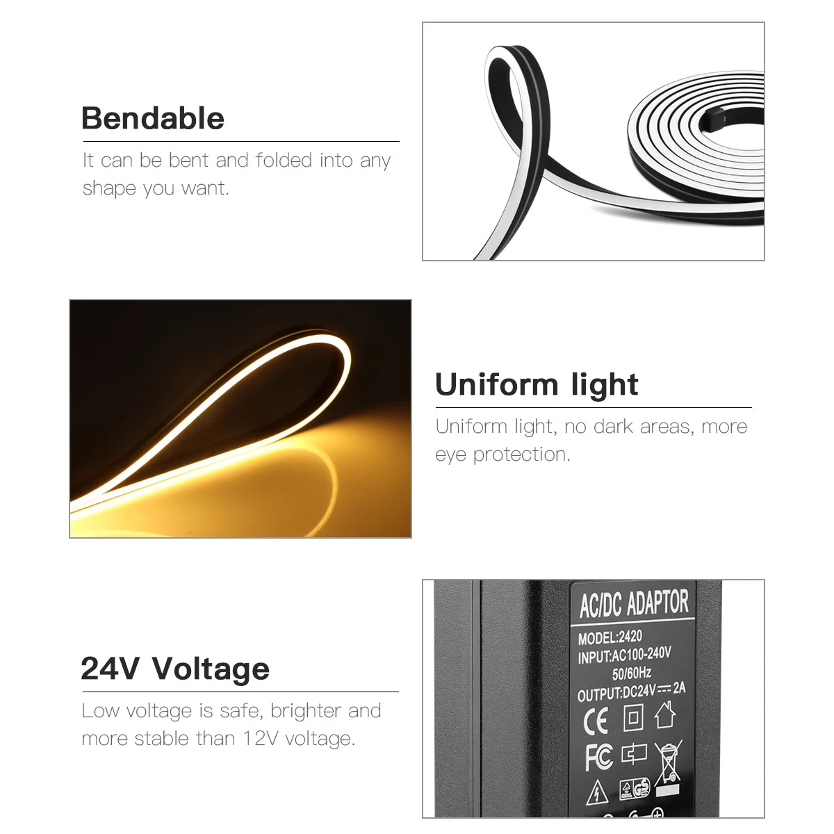 24V LED Strip High Quality Black Silicone LED Neon Light Tube Touch Motion Sensor Switch DIY Kitchen Cabinet Bedroom Backlight.