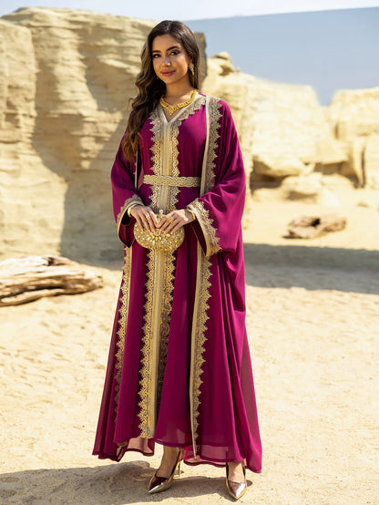 Eid Frauen Abaya Kleid Muslim 2-teiliges Set Strickjacke mit Innenkleid Schnürmantel Kaftan Robe Jalabiya Ramadan Marokko Kaftan 2025.