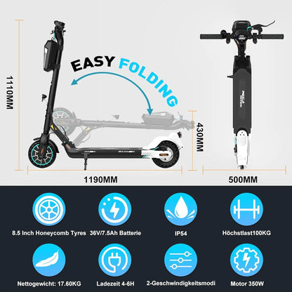 MEGA MOTION Foldable Electric Scooter with App, 350 W Motor, 30-35 km Range, 19 km/h, 8.5 Inch Honeycomb Tyres，ABE qualificatio.