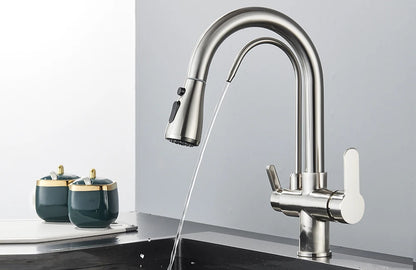 Quyanre Matte Black Filtered Crane For Kitchen Pull Out Spray 360 Rotation Water Filter Tap Three Ways Sink Mixer Kitchen Faucet