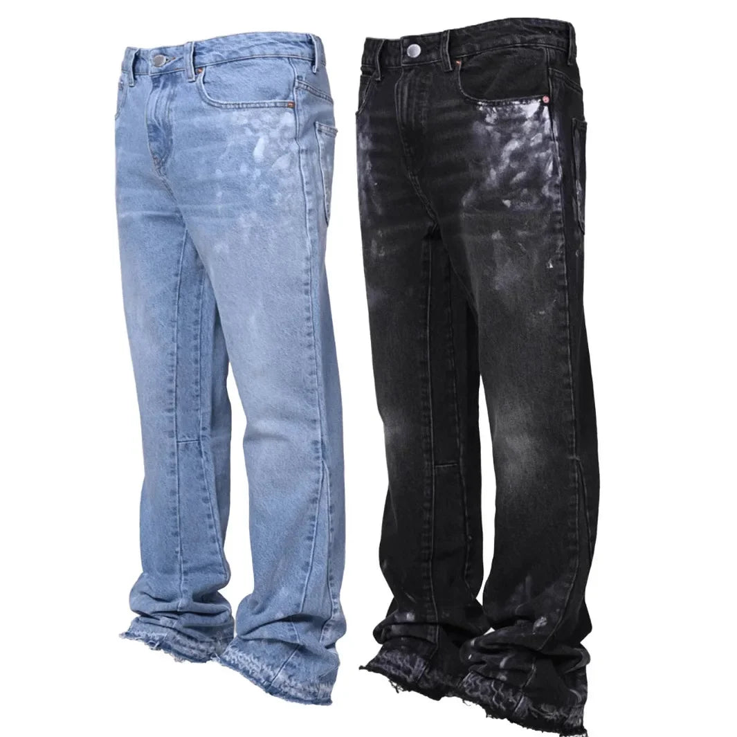 Men's Fashion Jeans Work Pants, European and American Fashion Workwear Elastic Patchwork Denim Layered Flared Pants S-XXL.