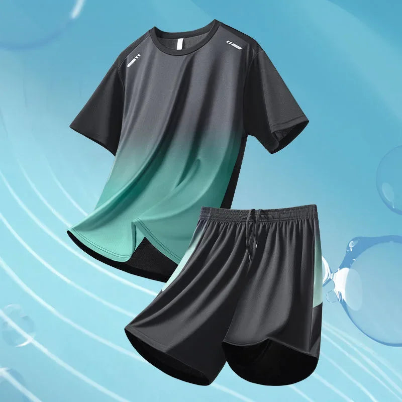 Men's Fitness Ice Silk Sports Suit Short Sleeve Training Room Basketball Morning Run Summer Outfit Shorts And T-shirt Set.