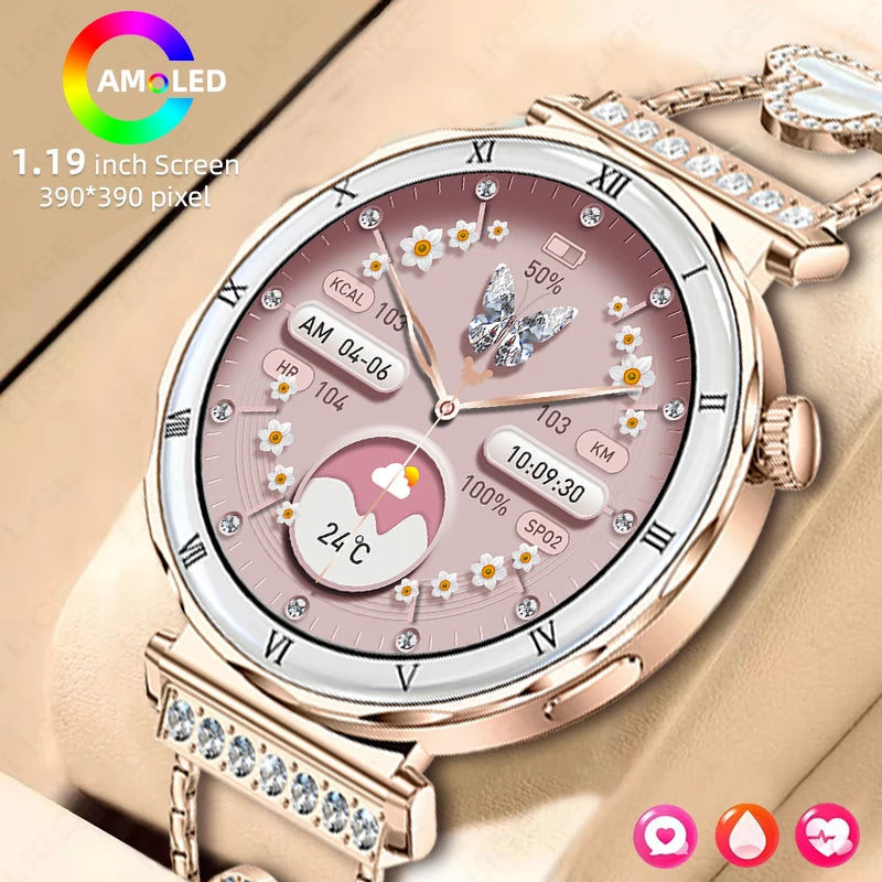 LIGE Luxury 1.19” AMOLED Screen Smart Watch Women Health Monitor Women's Wristwatch Bluetooth Call Waterproof Ladies Smartwatch.