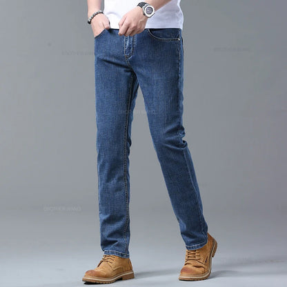 Spring Men's Light Blue Slim Jeans Stylish Casual Stretch Fabric Denim Pants Classic Trousers Smoke Gray.