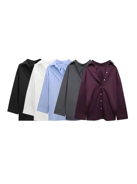 Oversized Pleated Back Shirts for Women, Long Sleeve, Button-up, Female Blouses, Chic Tops, Fashion.
