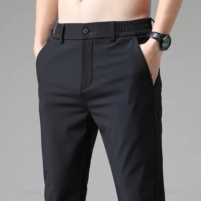 Autumn Winter Casual Pants Men Thick Business Stretch Slim Elastic Waist Jogger Korean Classic Black Gray Blue Trouser Male