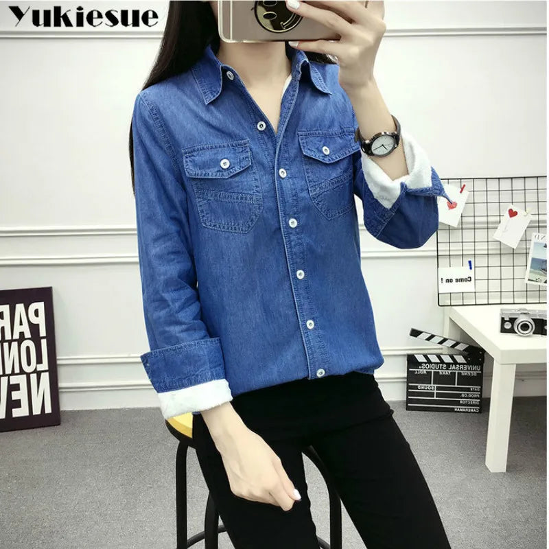 2022 Casual winter Autumn warm thick fleece denim Blouses Women Ladies Tops Women Blouses Long Sleeve Shirt clothe S-3XL.
