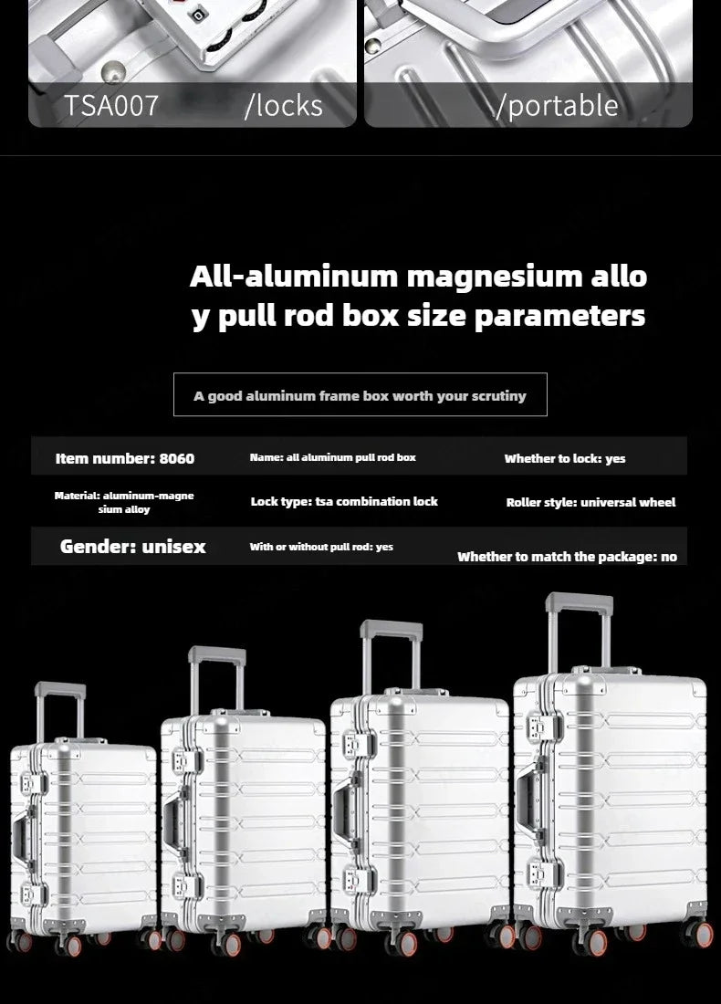 Trolley-Koffer mit großer Kapazität, Reisetasche, Reise-Koffer aus Aluminium-Magnesium-Legierung, Business-Rollgepäck.