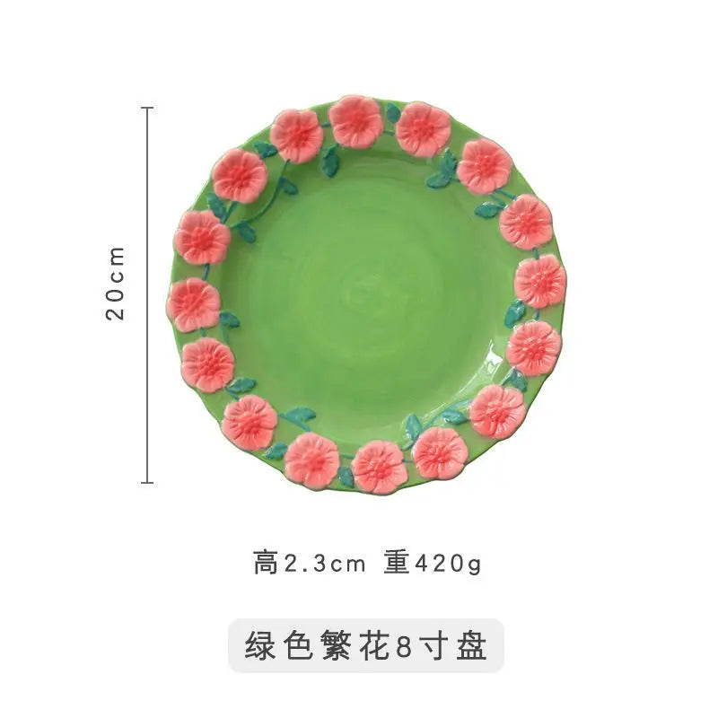 Flower Plate Embossed Small Flower Breakfast Dessert Plate Household Ceramic Plate Under Glaze Colored Hand-painted Tableware.