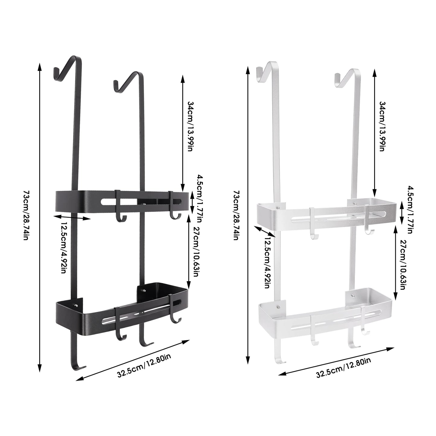 2-stufiges Badezimmerregal, hängendes Duschregal, silberfarbenes/schwarzes Regal, 6 Haken für Badezimmer, Küche, Wohnzimmer