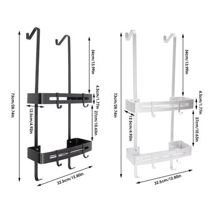 2-stufiges Badezimmerregal, hängendes Duschregal, silberfarbenes/schwarzes Regal, 6 Haken für Badezimmer, Küche, Wohnzimmer