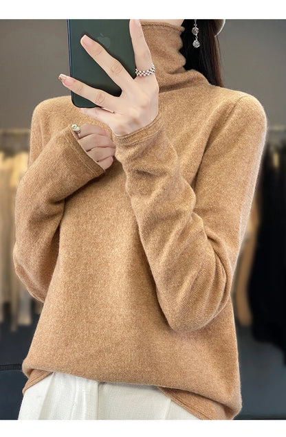 2025 100% Merino Wool Sweater Elegant Cashmere Pullover Women Pile Collar Long Sleeve Knitwear Basic Clothing  Jumper Tops