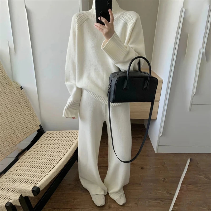 Zweiteiliger Anzug aus 100 % Merinowolle für Damen, O-Kragen-Pullover, Pullover, weites Bein, Hosen-Set, Herbst-Winter, lockere, bequeme Strickwaren