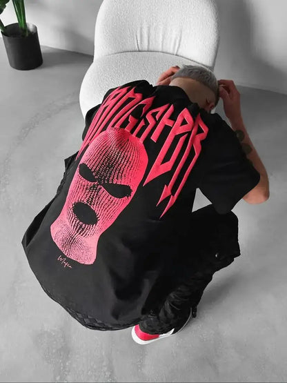 24/25 High-quality American High Street Masked Person Printed T-shirt for Men Oversized Loose Harajuku Short Sleeved Tops.