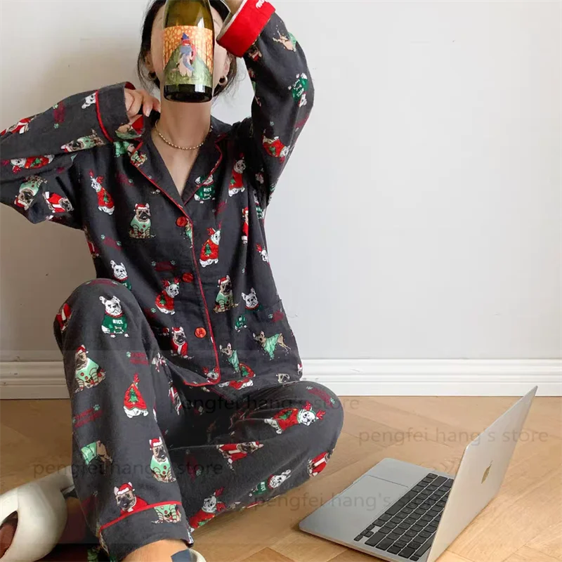 2025 Autumn Winter Homewear Women Pajamas Suit Christmas Party Cartoon Pjs Loungewear Lady Sleepweawr Cotton Nightwear Outfit.